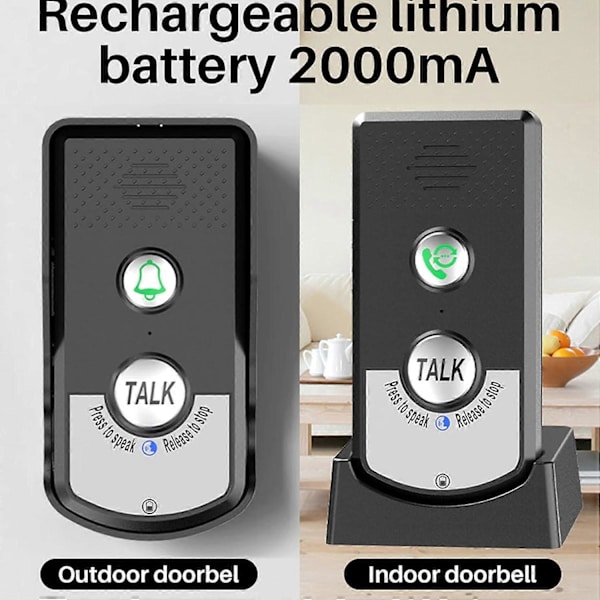 Trådløs dørklokke vandtæt dørklokke med ringetone 2-vejs samtaleanlæg dørklokke med 2000mAh batteri til hjemmet 300 meters rækkevidde