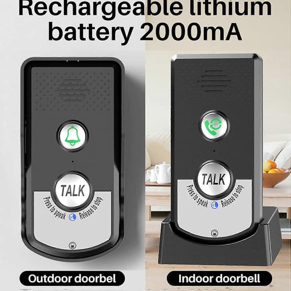 Trådlös Dörrklocka Vattentät Dörrklocka Chime 2 Vägs Samtal Intercom Dörrklocka med 2000mAh Batteri för Hem 1000ft Räckvidd