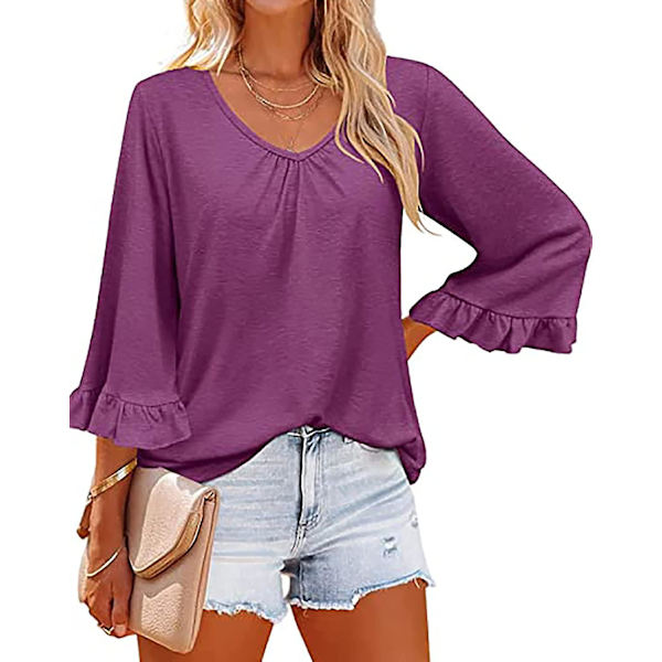 Dame Ensfargede Topper Casual V-hals Ruffle 3/4 Bell Erme Bluse Tunika Løs Skjorte Fuchsia M