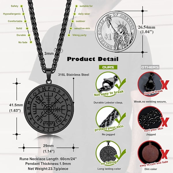 2 Herre Acsergery Kæde Sølv/sort Viking Kæde Amulet Rustfrit Stål Viking