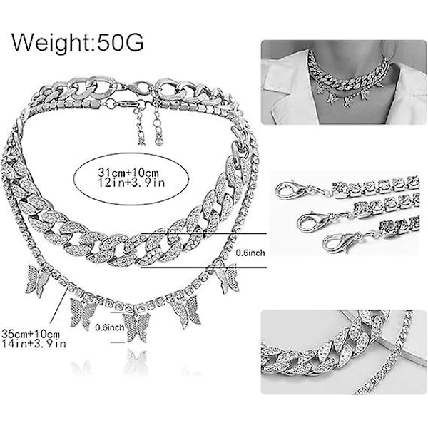 Stort sommerfugl anheng halskjede Rhinestone kjede for damer jenter Skinnende gull sølv kjede Skinnende krystall halskjede smykker gaver, Rhinestones, Rhineston