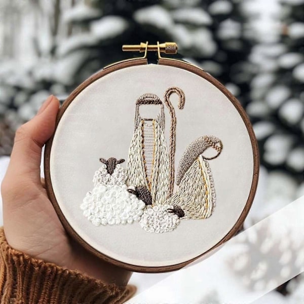 Broderikit med Julekrybbe - Julekorsstingsæt, Broderikit til Begyndere, Kristent Broderikit Christmas Shepherds