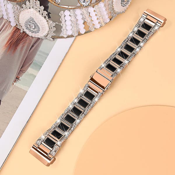 Til Fitbit Versa 4/Sense 2 Resin Urrem Rustfrit Stål Rhinestone Dekor Urrem Rose Gold Black