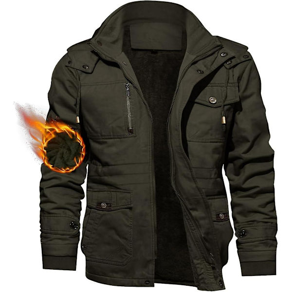Jacka för män - avslappnad vinterjacka i bomull Militärjacka Tjockad huva Cargo Coat Green 4XL