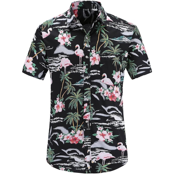 Blommor för män Flamingos Casual Hawaiiansk skjorta Summer Casual(svarta flamingos