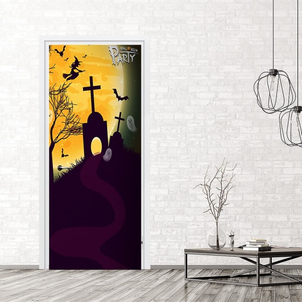 3D Halloween hautakivi ovitarrat kuun alla, 76 x 200 cm, realistinen ovitapettitarra Halloween-koristeluun, irrotettava seinätarra