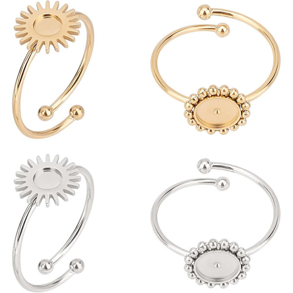 4 st 2 färger sol/blomma bricka manschett ring inställningar - rostfritt stål tomma ringar