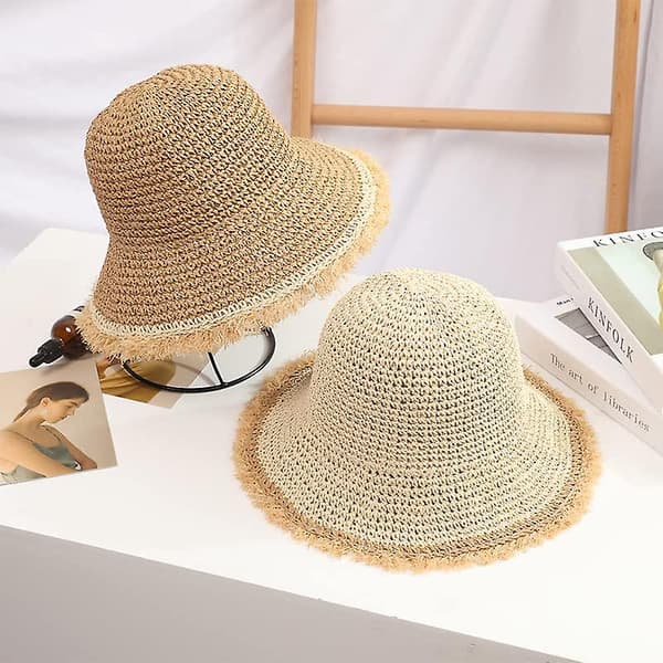 Strandhatt i halm med fransar för kvinnor, virkad, bredbrättad solhatt Beige
