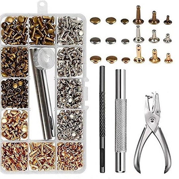 480 st metall dubbla lock nitar nitar runda nitar för diy läderhantverk väska bälte kläder kläder skor husdjur krage fixverktyg 300pcs with pliers