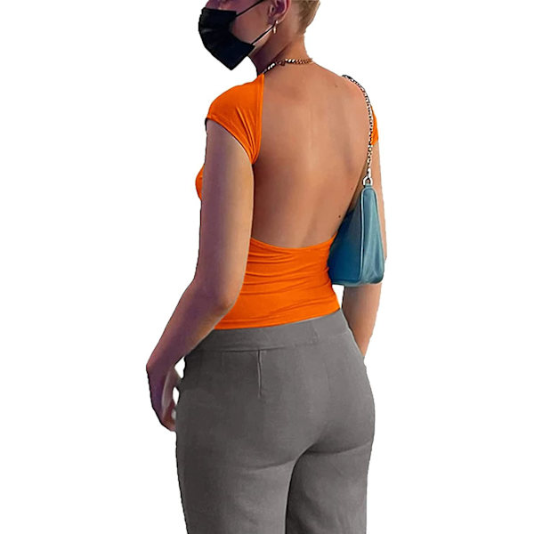 Dame Sexet Top med Udskæring i Ryggen Kortærmet T-shirt Y2k Mode Skjorter Orange M