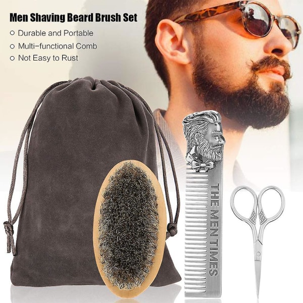 4-delat set Revolution skäggkam- och set för män - Naturlig vildsvinsborste och dubbelverkande päron träkam med sammetsresor