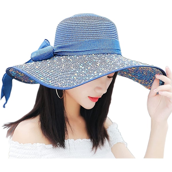 Solhatt for kvinner med bred brem, stor sløyfe, stråhatt, sammenleggbar floppy-hatt, sommer UV-beskyttelse UPF50+, strandlue