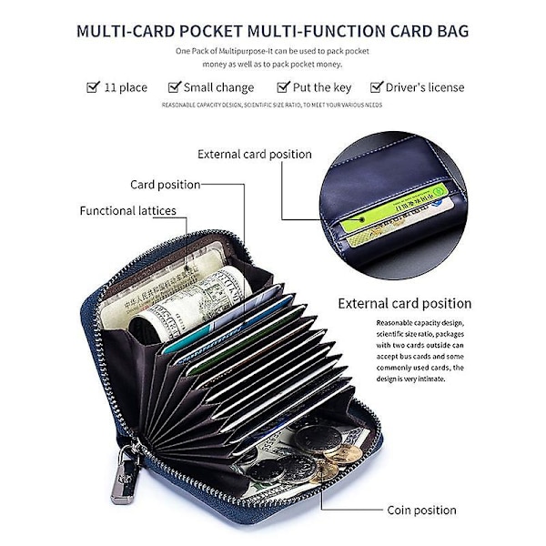 Mini plånbok i toppskiktsläder med RFID-blockering för kort och mynt Light Blue