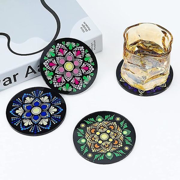 4 stk. 9,8 cm akryl cirkel coasters, akryl runde coasters med mandala mønster coasters til mælk te butik kaffebar