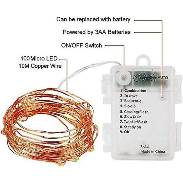2 Pak Led Lysstreng 10m 100 8 Tilstande Udendørs Belysning Kobbertråd Batteridrevet Ip67 Vandafvisende Med Fjernbetjening Og Timer Til Udendørs, Indendørs