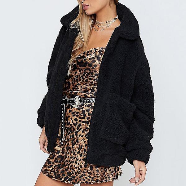 Dame Bjørn Fleece Jakke Frakke Lynlås Overtøj Black L