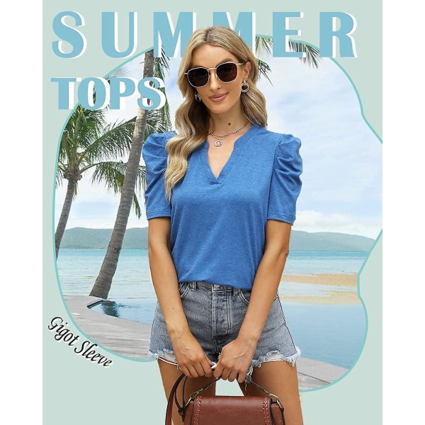 T-skjorter for kvinner V-hals topper Dame Gigot Erme Sommer Casual Tee Blue L