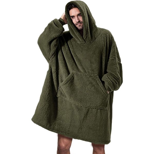 Herre Dame Bærbar Tæppe Sweatshirt Fuzzy Sherpa Oversized Hyggelig Pullover Hættetrøje Kæmpe Stor Lomme Tæppe med Ærmer Grå, Large Green