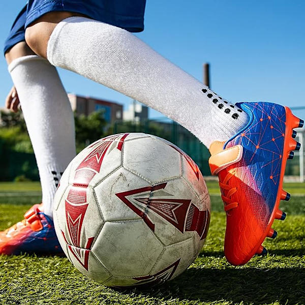 Fodboldstøvler til Børn Drenge Piger, Fg/Ag Baseballstøvler til Unge Atletiske Udendørs & Indendørs Komfortable Fodboldsko Orange Blue EU35