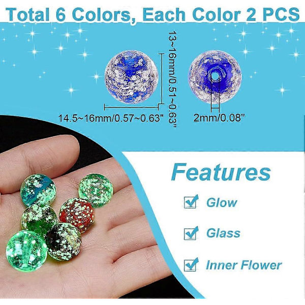 12 kpl 16 mm valoisia lasihelmiä, 8 väriä, lampwork-helmiä, pimeässä hohtavia lasihelmiä, pyöreitä irrallisia välihelmiä rannekoruihin, kaulakoruihin, tee-se-itse-koruihin