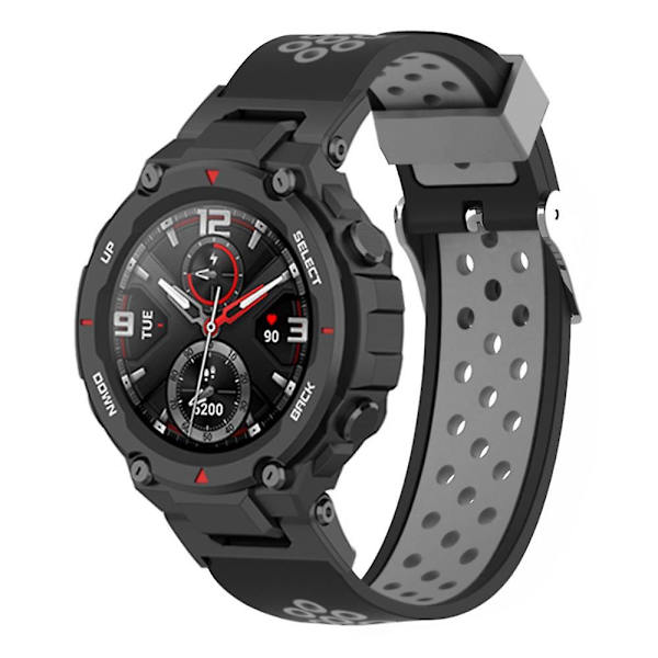 Kaksivärinen 22mm vaihto silikoni kellon ranneke Huami Amazfit T-Rex(Pro)/Ares -kelloon Black  Grey