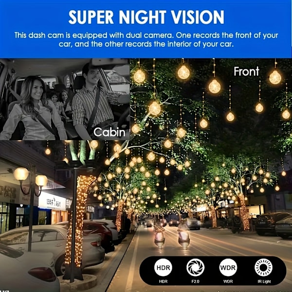 1080P dobbelt kamera, Dash Cam til biler, Foran og Indvendigt, bilkamera med IR Night Vision, Loop Recording