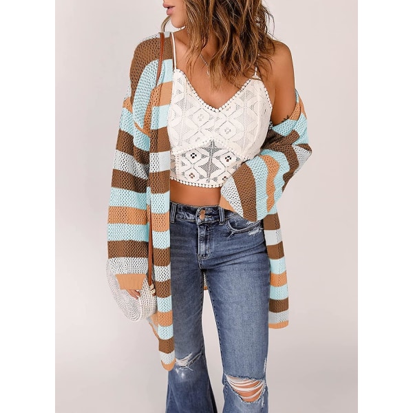 Dam Puff Långärmad Virkad Stickad Cardigan Tröjor Färgblock Kimono Öppen Framrock Ytterkläder S
