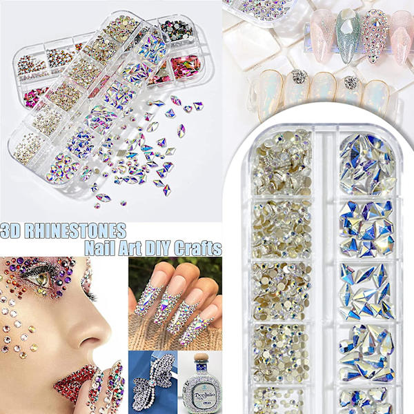 660 stk. AB Klar Himmelblå Glitrende Bling 3D Rhinestones til Neglekunst DIY Håndværk Skinnende Flad Bagside Glas Krystal Sten Sæt Juveler Negledekoration (60 stk. Mult