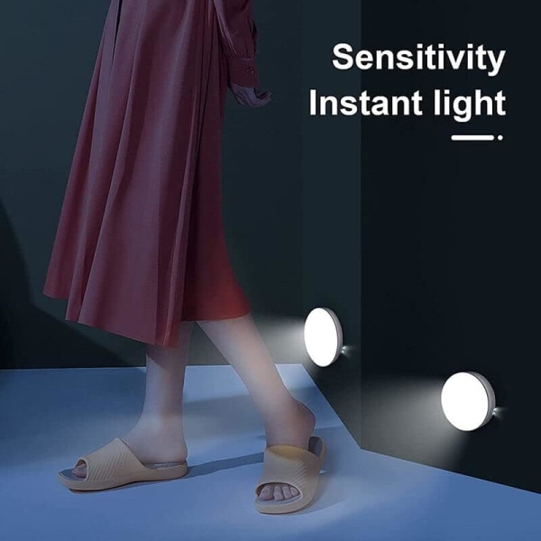 Runda LED-lampor, rörelsesensorbelysning nattlampa, trådlösa skåpsmagnetiska lampor, batteridrivna med USB, för under skåp, kök, trappor Cool White