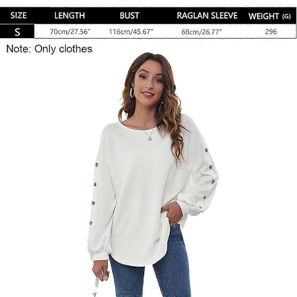 Dame Toppe Efterår Langærmet Løs Pasform Casual Pullover T-shirts hvid S