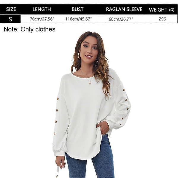 Dame Topper Høst Langermet Løs Passform Casual Pullover T-skjorter Hvit S