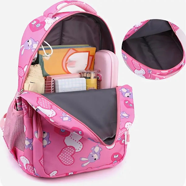 1PC Barnens tecknade kanintryckta ryggsäck, söt söt stor kapacitet lätt ryggsäck casual reseryggsäck grundskolebarn skolväska rosa