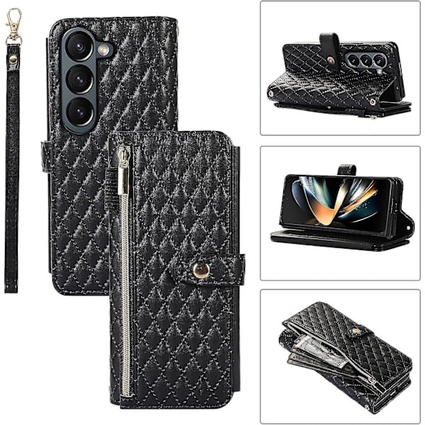 Z Fold 5 Fodral, Lyxig PU Läder Dragkedja Kortplats Plånboksfodral Kompatibel Samsung Galaxy Z Fold 5 Med Crossbody Lanyard Present Black For Galaxy Z Fold 5