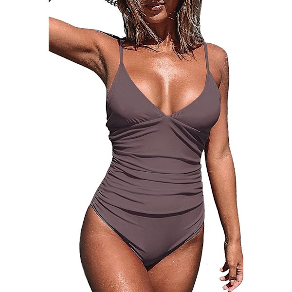 Dame Badedragt Heldragt V-hals Mavekontrol Rynket Front Lav Ryg Cafe Brown M