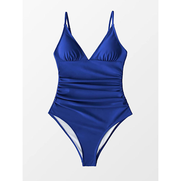 Dame Badedragt Heldragt V-hals Mavekontrol Rynket Front Lav Ryg Deep Blue M