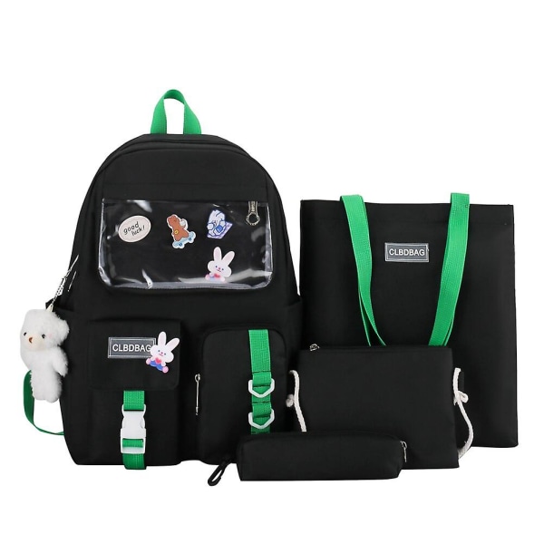 4 st/set skolryggsäckar för kvinnor, skolväska i canvas med prästkrage för tonårsflickor, studenter, collegebokväska, pojkar, axelväska, bolsas mochilas G black