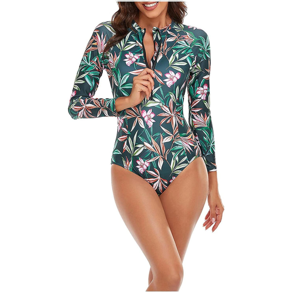 Dame Langærmet Heldragt Badedragt Dame Langærmet Blad Badedragt 02 Green XL