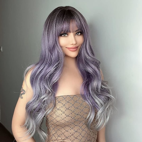 Peruukit valkoisille naisille, pitkät aaltoilevat kiharat värilliset peruukit otsatukalla, violetti omber harmaa synteettinen peruukki päivittäiseen cosplay-juhlaan, varaperuukki