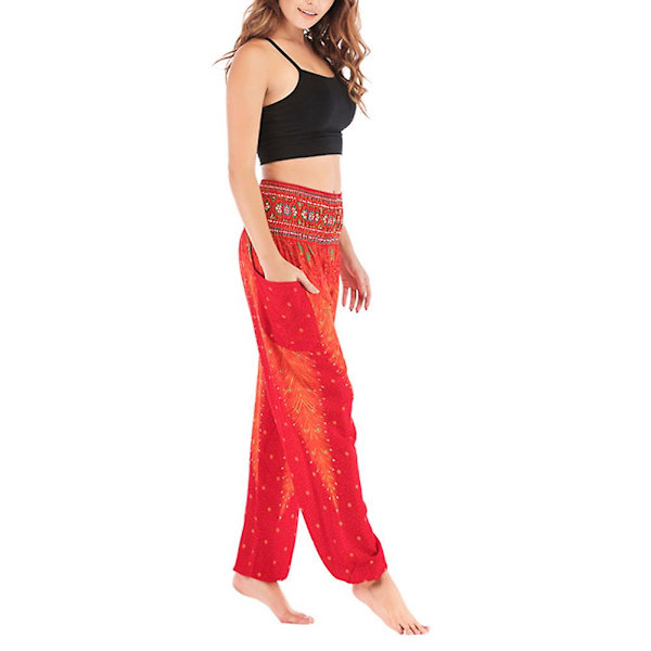Boho Yoga Bukser til Kvinder - Printede Pilates Bukser med Løs Pasform og Baggy Harem Stil - Perfekt til Strand, Yoga, Dans og Mere Red One Size