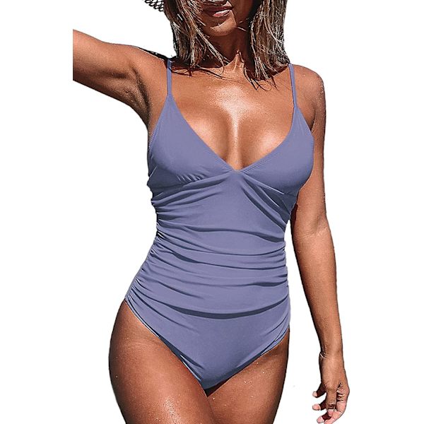 Dame Badedragt Heldragt V-hals Mavekontrol Rynket Front Lav Ryg Purple M