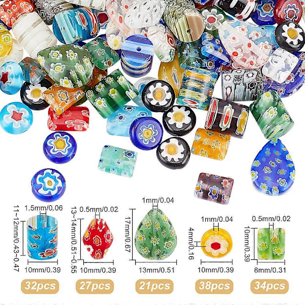 156 stk. Håndlagde Millefiori Glassperler Tråder Blandet Farge Avstandsperler Millefiori Lampwork Glassperler