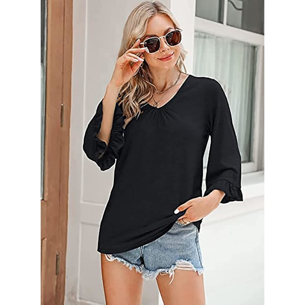 Dame Ensfargede Topper Casual V-hals Ruffle 3/4 Bell Erme Bluse Tunika Løs Skjorte Black A M
