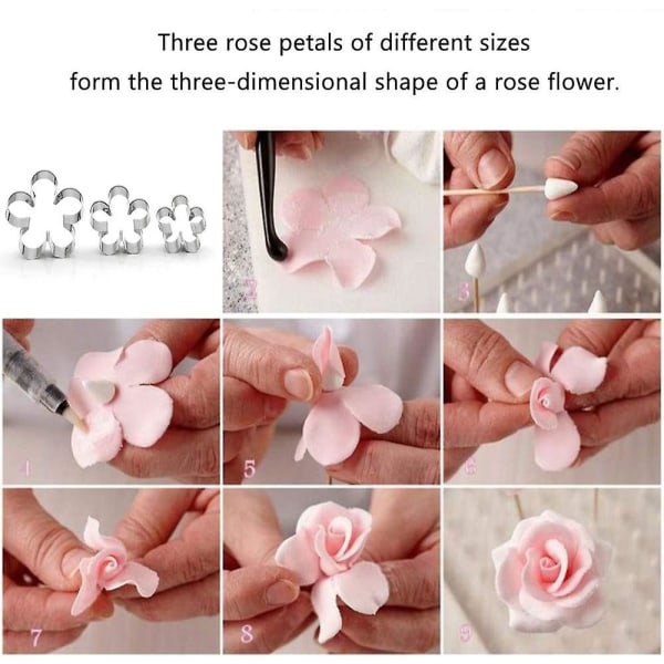 Kakeutstikkersett i rustfritt stål med roseblader, 3 stk. Roseblomstform DIY kjeks, bakverk, fondantform, kakedekorasjon