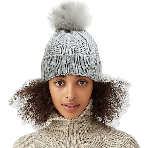 Dame Vinterhue Varm Strikket Hue med Kunstpels Pom Pom
