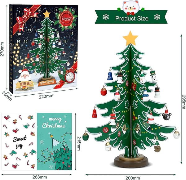 Adventskalender, minijulgran i trä för julbordsdekorationer, barnpresenter