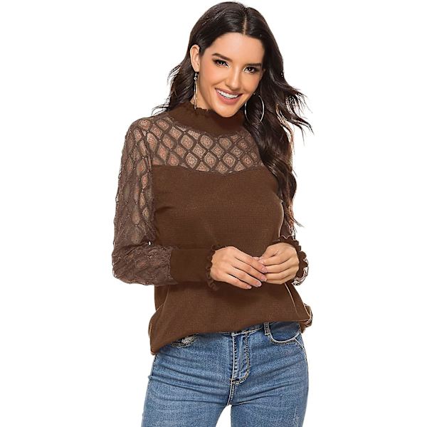 Damtröjor Elegant spets Mesh Semi genomskinlig blus Casual långärmad turtleneck