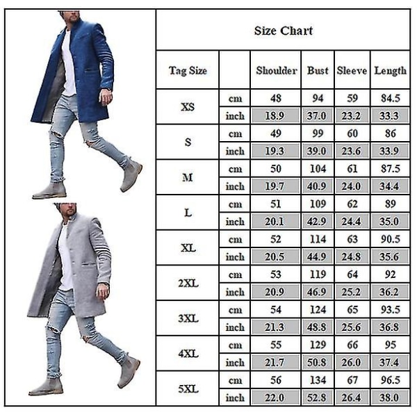 Män Vinter Ull Trench Coat Ytterkläder Casual Formell överrock Långärmad jacka Blue XS