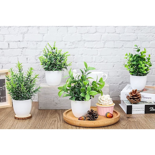 Kunstige planter til indendørs brug, 4 pakker små falske planter mini kunstige planter i potter til hjemmekontor hylde bondehus badeværelsesindretning
