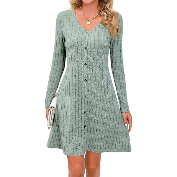 Mustat sateisen yön mekot naisille A-linjainen V-kaula-aukkoinen pitkähihainen koristeellinen nappi raidallinen vintage päivittäinen midi-mekko neulotut mekot Green XL