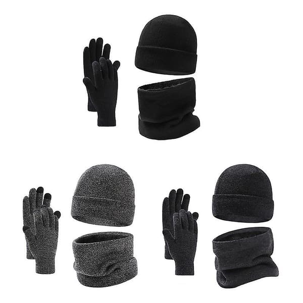 Halsduk handskar tredelad set stickad plus fluff ärmmössa hatt halsduk set Dark gray Average size